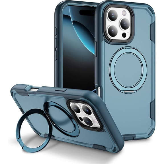 MKEUDQ-3-Layer Case for iPhone 16 Pro, Military Grade Drop Protection Cover with Spin 360 Stand Ring, Compatible with MagSafe, Double Shockproof Case for iPhone 16 Pro, Sapphire Blue HR