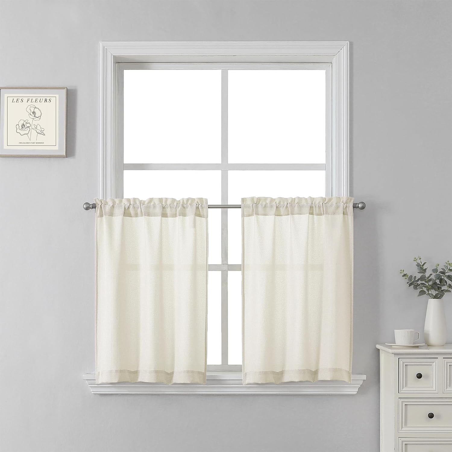 MKEUDQ-30 Inch Length Half Curtain Panels for Cafe Small Window,Provide Privacy Light Filtering Semi Sheer Linen Curtain Drapes for Bathroom,W26 x L30,2 Panels,Cream Ivory