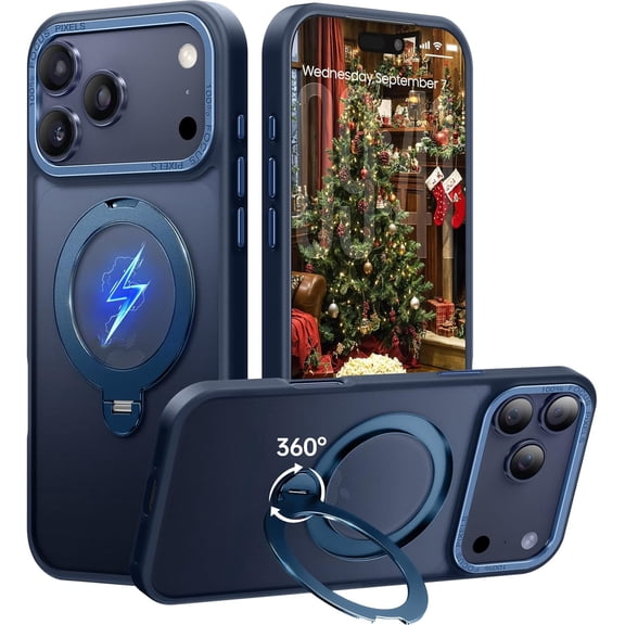 MKEUDQ-360 Spin Magnetic Stand for iPhone 17 Pro Case, Fit for MagSafe, Mil-STD Protective Case for iPhone 17 Pro Phone Case with Kickstand Rotatable 6.3 inch, Deep Blue