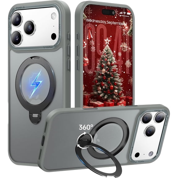 MKEUDQ-360 Spin Magnetic Stand for iPhone 17 Pro Max Case, Fit for MagSafe, Mil-STD Protective Case for iPhone 17 Pro Max Phone Case with Kickstand Rotatable 6.9 inch, Grey