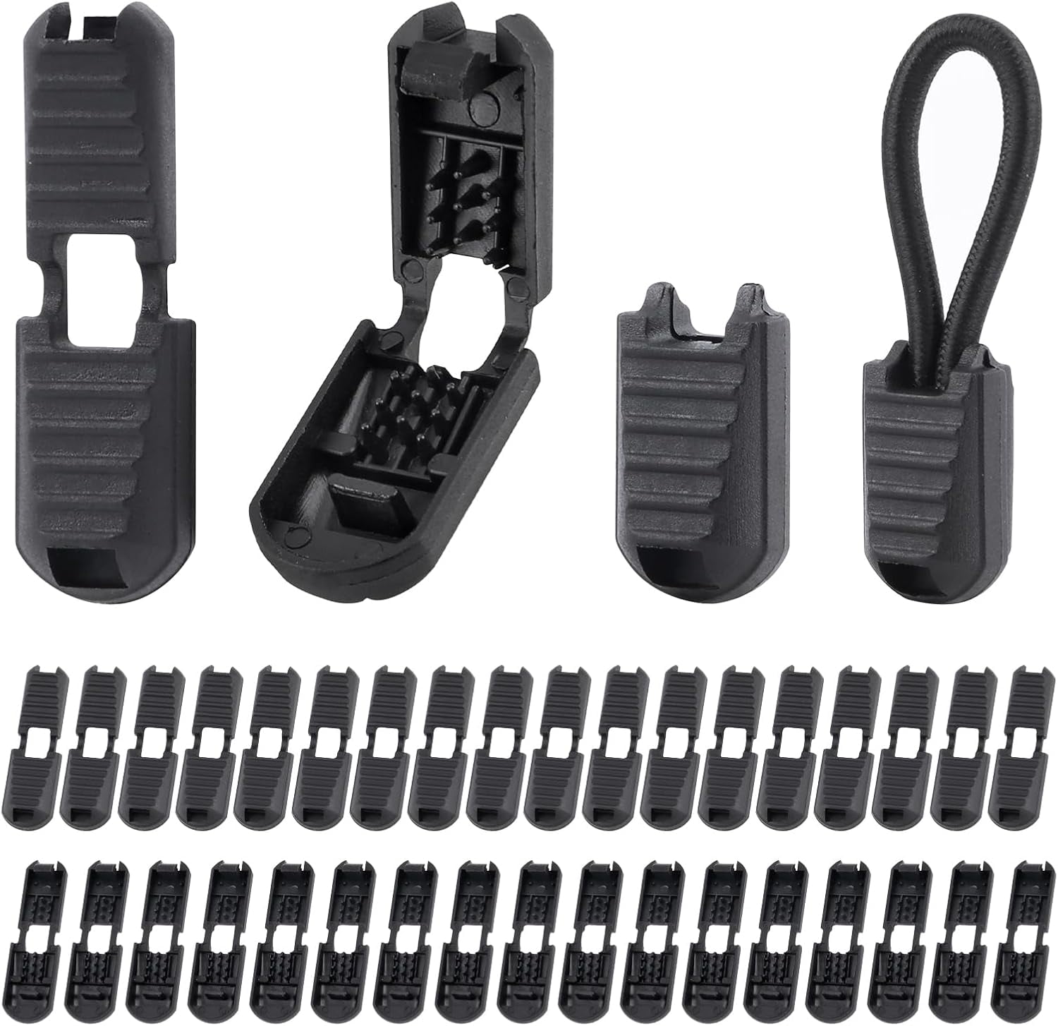 MKEUDQ-36Pack Elastic Cord End Locks, 12.2x20mm Plastic Cord Clamps for Bungee Shock Rope, Secure Tightening Caps for DIY Bracelets, Bag Strings, Drawstrings, Tarp Tie Downs (Black)