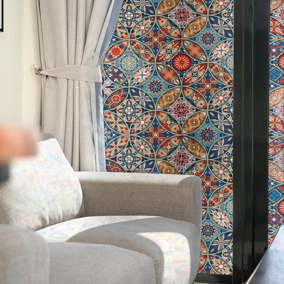 MKEUDQ-3D Stained Glass Window Film Static Cling - Removable Privacy Decal for Bathroom Windows & Front Doors, Sun Blocking Heat Control Anti UV, No Residue (Celestial Indigo, 17.51" x 47.24")