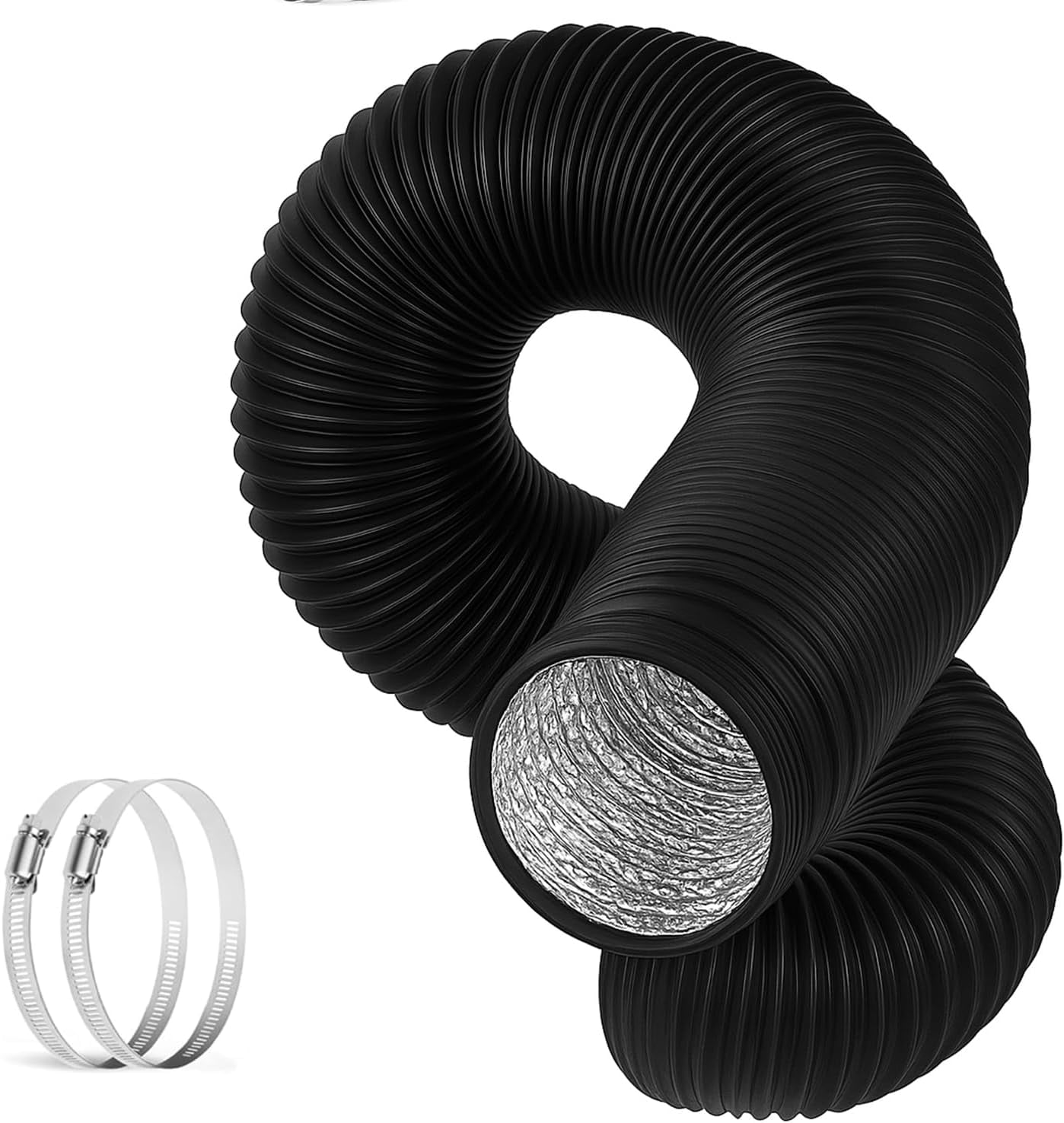 MKEUDQ-4 Inch 16 FT Heavy-Duty Flexible Aluminum Duct Multi-Layer Protective Dryer Vent Hose with 2 Clamps for HVAC Heating Cooling Ventilation, Exhaust Fan, Black