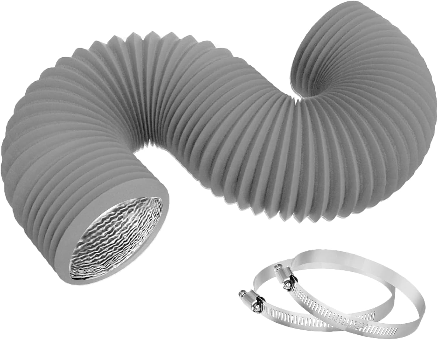 MKEUDQ-4 Inch 16FT Dryer Vent Hose,Flexible Insulated Air Ducting,Vent Hose PVC Aluminum Foil with 2 Clamps for HVAC Ventilation(Grey)