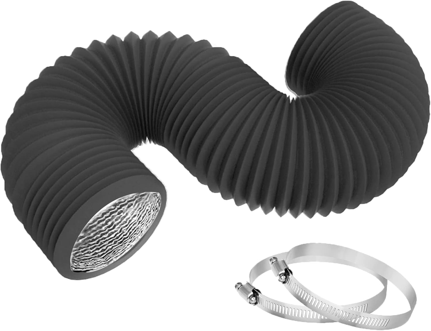 MKEUDQ-4 Inch 16Feet Dryer Vent Hose,Flexible Insulated Air Ducting,Vent Hose PVC Aluminum Foil with 2 Clamps for HVAC Ventilation(Black)