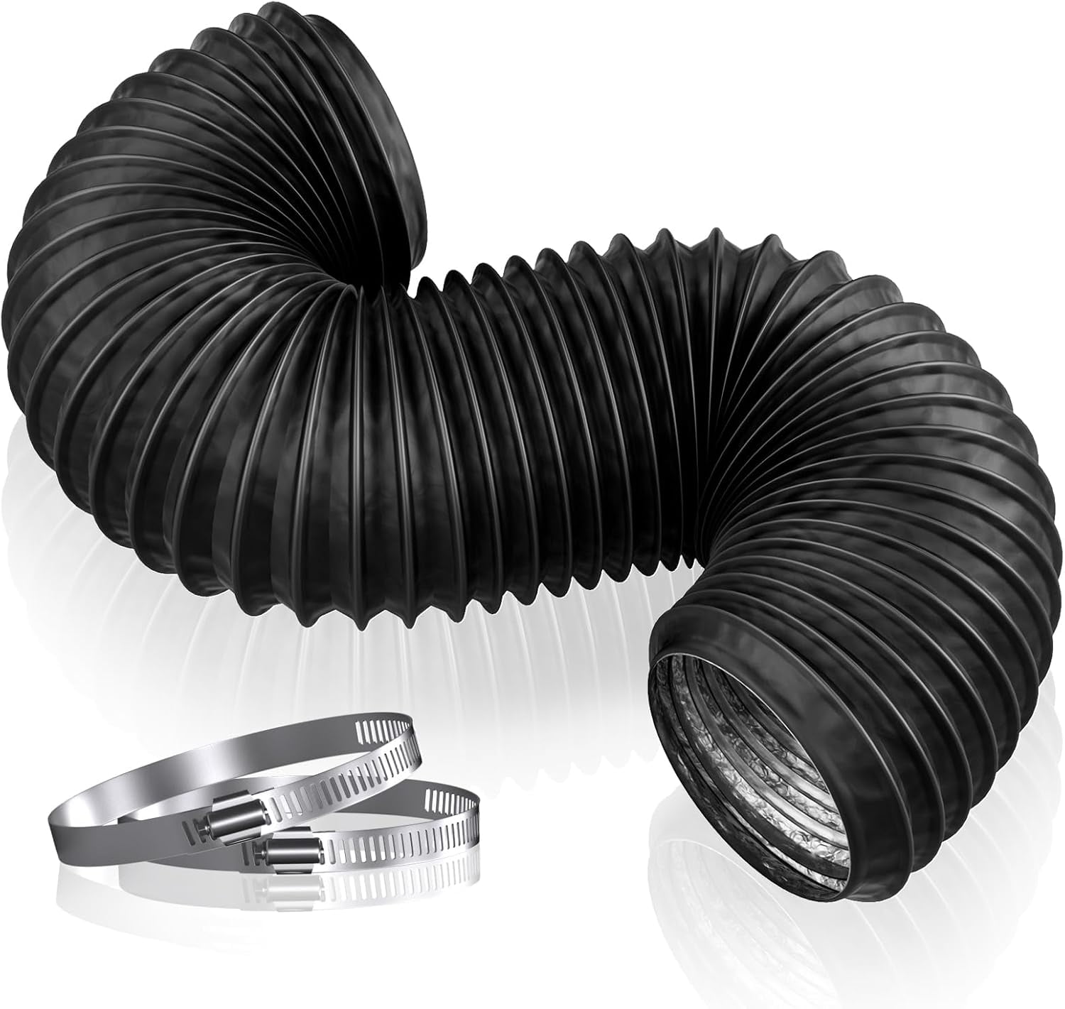 MKEUDQ-4 Inch 5FT Dryer Vent Hose, Flexible Exhaust Duct Hose with 2 Hose Clamps for Tight Space, Clothes Dryer & HVAC Ducting Kit, 4-Layer PVC Aluminum with Steel Wire
