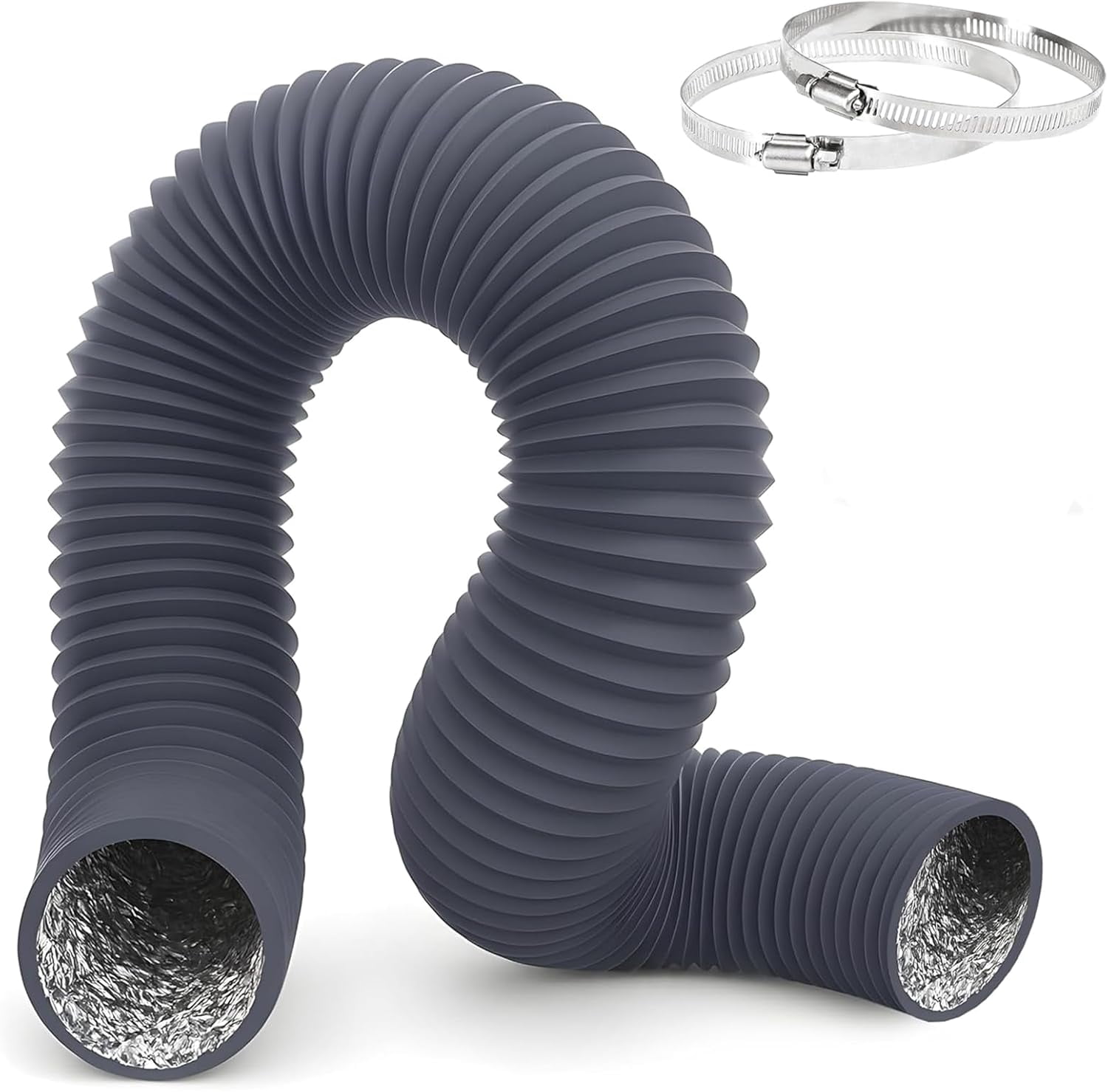 MKEUDQ-4 Inch 8 FT Heavy-Duty Flexible Aluminum Duct Multi-Layer Protective Dryer Vent Hose with 2 Clamps for HVAC Heating Cooling Ventilation, Exhaust Fan, Gray