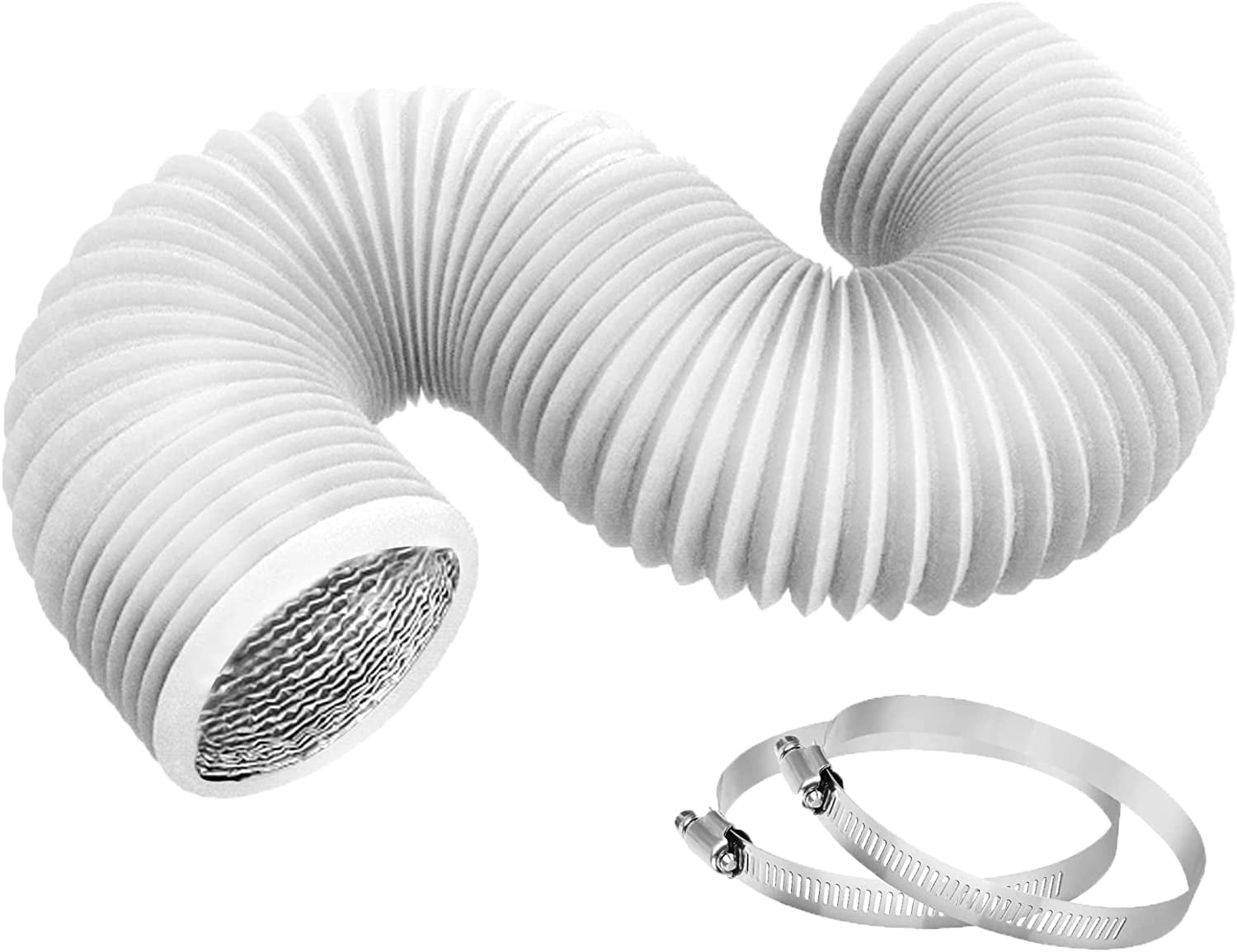 MKEUDQ-4 Inch 8ft Dryer Vent Hose, Flexible Insulated Air Ducting,Vent Hose PVC Aluminum Foil with 2 Clamps for HVAC Ventilation(White)