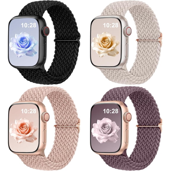 MKEUDQ-4 Pack Braided Stretchy Solo Loop for Apple Watch Bands Women Men 40mm 41mm 42mm 44mm 45mm 46mm 49mm 38mm, Soft Nylon Elastic Sport Strap for iWatch Band Series 11 10 9 8 7 6 5 4 3 2 1 SE Ultr