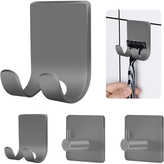 MKEUDQ-4 Pack Shower Hooks - Self Adhesive Shaver Holder Hanger for Bathroom, Damage Free Wall Hooks for Razor, Loofah Sponge - Grey