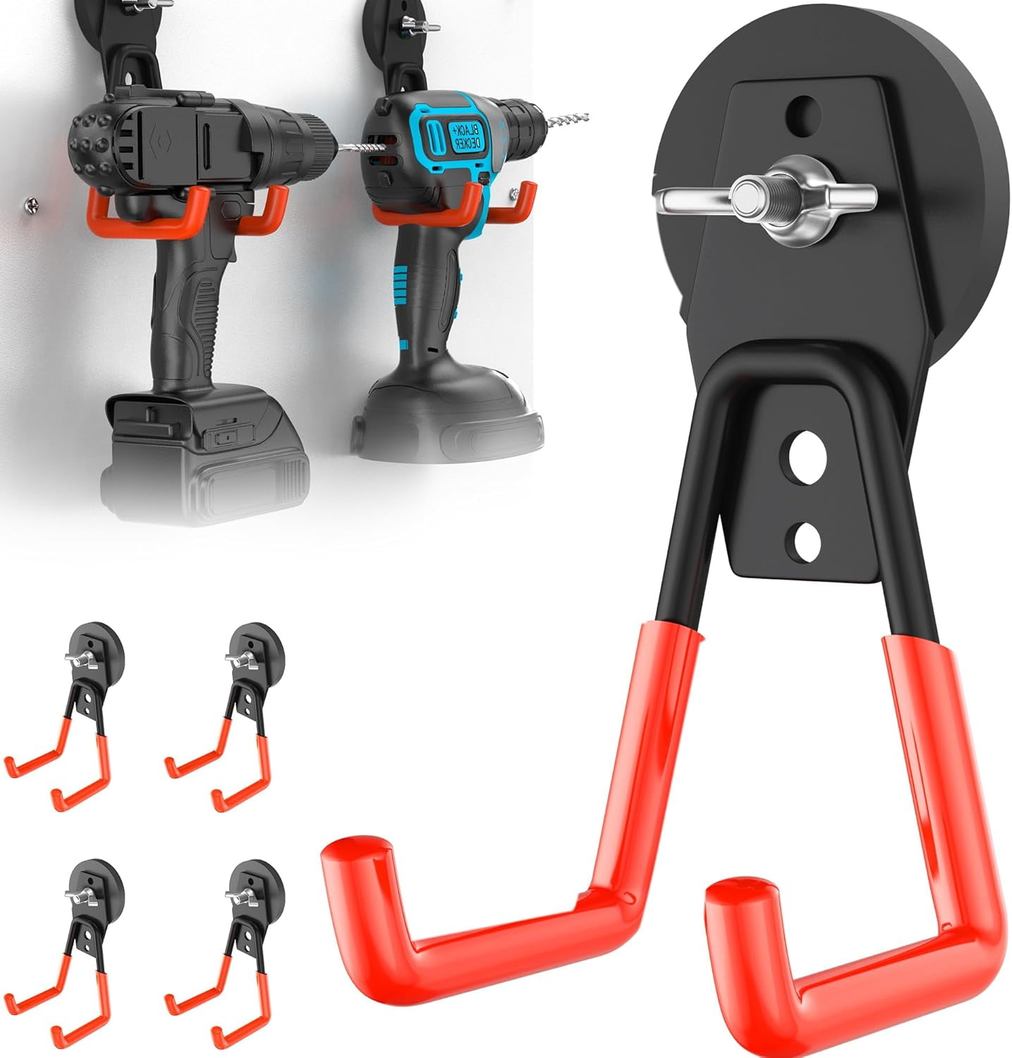 MKEUDQ-4 Pcs Large Strong Magnetic Hooks Heavy Duty Garage Big Magnet Hooks Extra Strength Magnetic Utility Storage Hook Hanger with Anti Slip Coating for Garden Indoor Outdoor Hanging Tools Orange