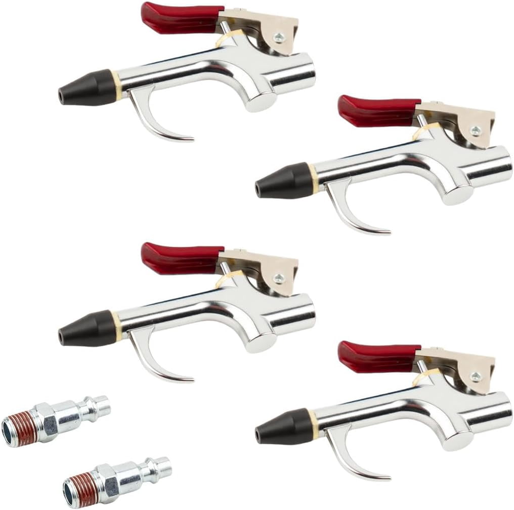 MKEUDQ-4 Pieces 1/4 NPT Lever Blow Gun Air Nozzle Dust Cleaning Blower Gun With Rubber and Safety Tip Nozzles Air Tool, 2 PCS 1/4" M Type Plug for Home Shop Garage Industry(Red)