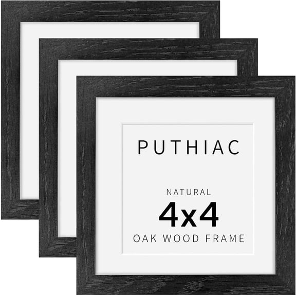 MKEUDQ-4x4 Solid Oak Wood Picture Frame, Fits 3x3 with Mat or 4x4 Without Mat, Wall or Tabletop Display with Stand, Plexi Front, 3 Pack, Black
