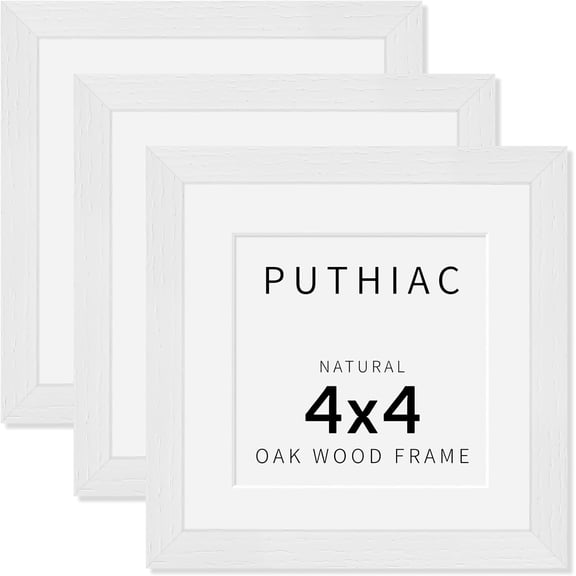 MKEUDQ-4x4 Solid Oak Wood Picture Frame, Fits 3x3 with Mat or 4x4 Without Mat, Wall or Tabletop Display with Stand, Plexi Front, 3 Pack, White