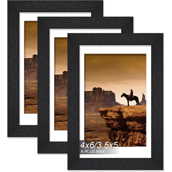MKEUDQ-4x6 Picture Frame Set of 3, Engineered Wood Frame Display Photo 3.5 x 5 with Mat or 4 x 6 without Mat, 4by6 Frame with Black Wood Grain for Wall - 3 Pack/Black/4"x6"