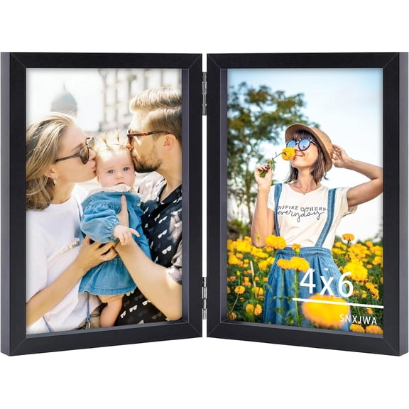 MKEUDQ-4x6 Picture Frames Double Black Photo Frame Folding Vertical Stand Display Side by Side