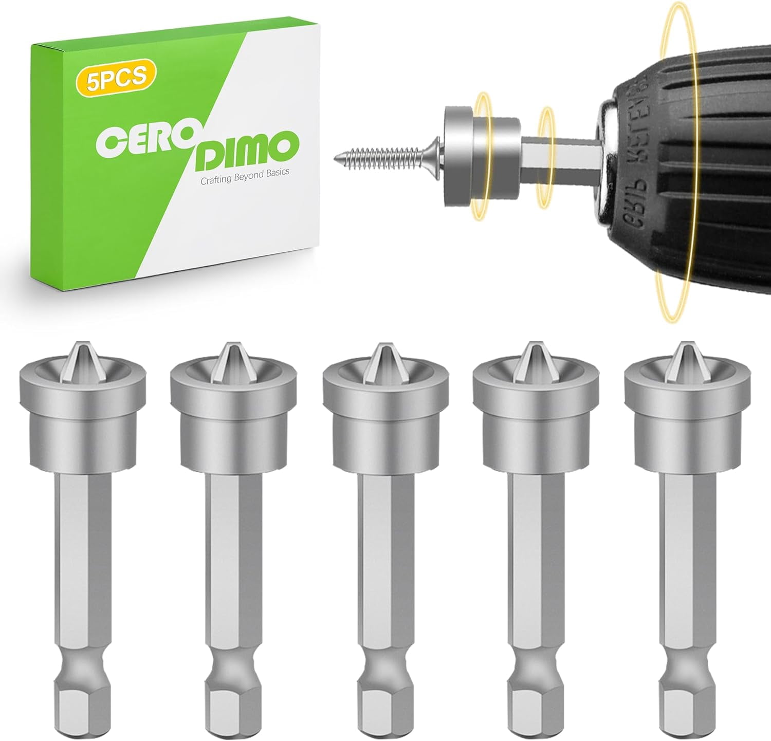 MKEUDQ-5 Pack 50mm Magnetic Drywall Screw Setter Bit Set Depth Stop Screwdriver Bits with Hex Shank for Drill and Impact Driver Accurate Positioning Magnetic Dimple Bit for Drywall Installation