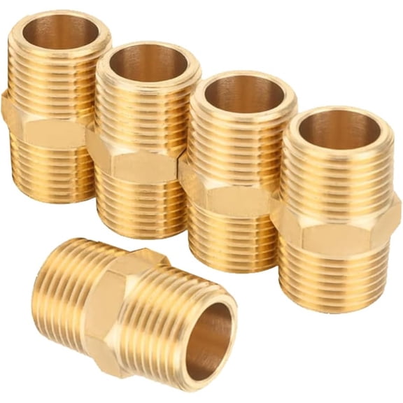 MKEUDQ-5 Pcs Brass Hex Nipple, 1/8" Male NPT x 1/8" Male NPT Straight Hose Fitting for Air, Fuel, Oil, Water Pipe Connection