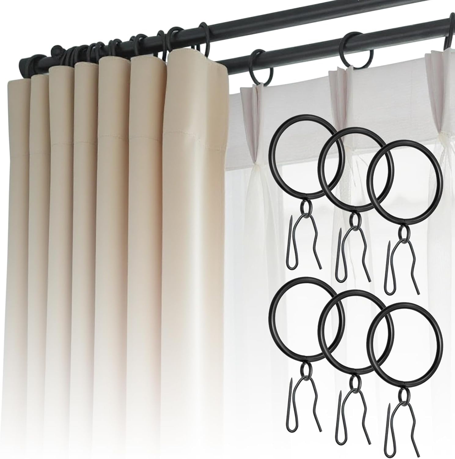 MKEUDQ-50 Pcs Curtain Rings and Hooks - Stainless Steel Shower Curtain Rings and Hooks with Eyelets for Curtains Rods and Bathroom Shower Rods, Black
