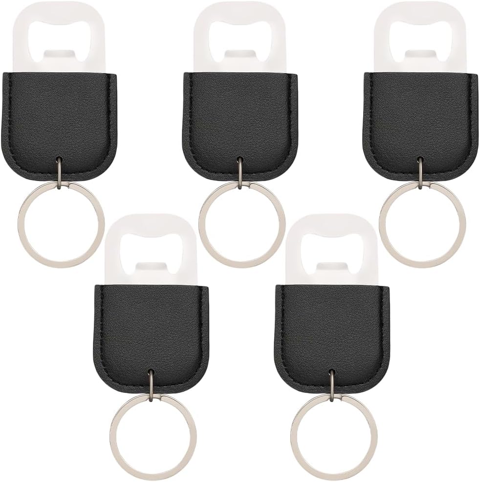 MKEUDQ-5PCS Black PU Leather Bottle Opener Keychains Small Stainless Steel Beer Opener with Key Ring Blank Leather Soda Bottle Lid Removers Key Chain for Wedding Guests Bridal Shower