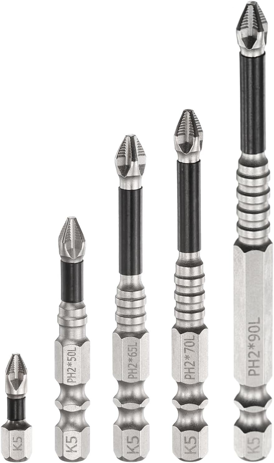 MKEUDQ-5pcs Impact Phillips Screwdriver Bit Set PH2 (#2) Anti Slip Tip 1/4" Hex Shank 1"/2"/2.6"/2.8"/3.5" (25mm/50mm/65mm/70mm/90mm) Long Magnetic Cross Screw Driver Drill Bits