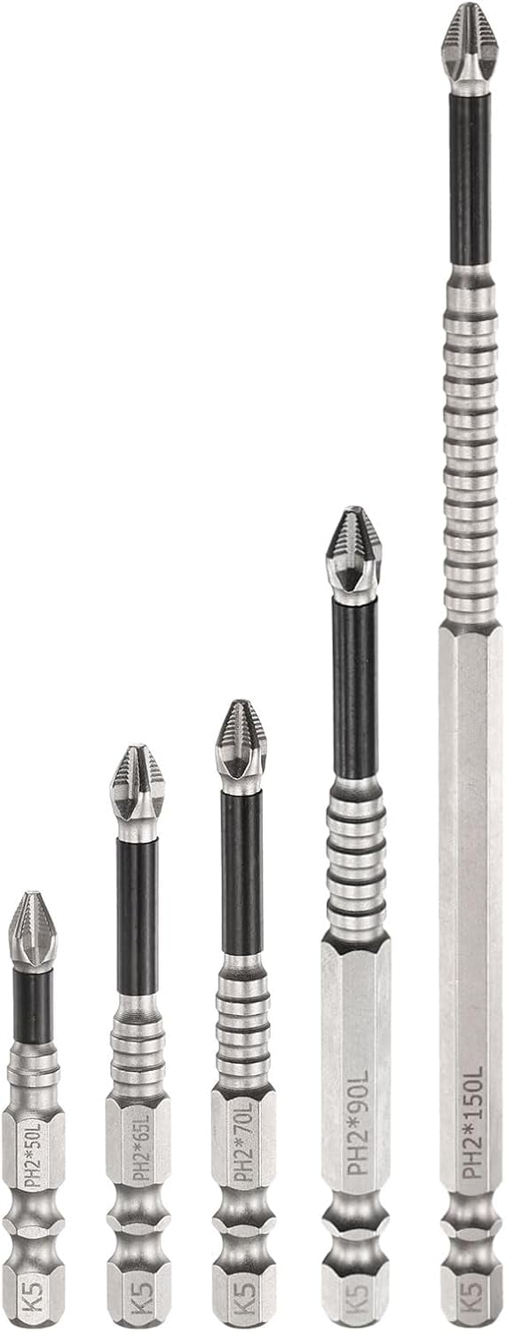 MKEUDQ-5pcs Impact Phillips Screwdriver Bit Set PH2 (#2) Anti Slip Tip 1/4" Hex Shank 2"/2.6"/2.8"/3.5"/6" (50mm/65mm/70mm/90mm/150mm) Long Magnetic Cross Screw Driver Drill Bits