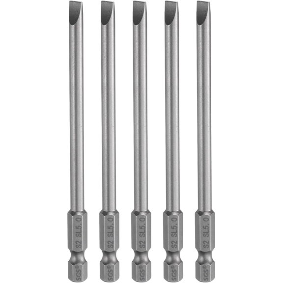 MKEUDQ-5pcs SL5 Magnetic SLotted Screwdriver Bits 5mm S2 Steel Flat Head Screwdriver Bit 1/4" Hex Shank Industrial Grade Screw Driver Drill Bits 100mm (3.9") Long for Screws