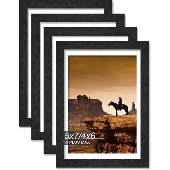 MKEUDQ-5x7 Picture Frame Set of 4, Black Engineered Wood Frame for 5 x 7 Inch Picture Poster Photo, Light Weight 5 by 7 Frame with Wood-grain for Wall - 4 Pack/Black/5"x7"