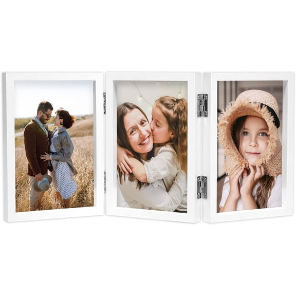 MKEUDQ-5x7 Triple Picture Frame Hinged 3 Photos Folding Photo Frames with Glass Vertical Stand Frames, White