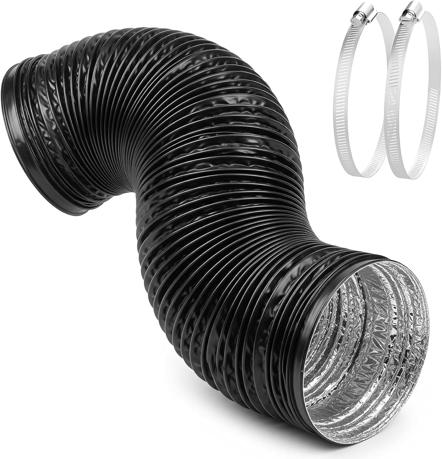 MKEUDQ-6 Inch 8 FT Heavy-Duty Flexible Aluminum Duct Multi-Layer Protective Dryer Vent Hose with 2 Clamps for HVAC Heating Cooling Ventilation, Exhaust Fan, Black