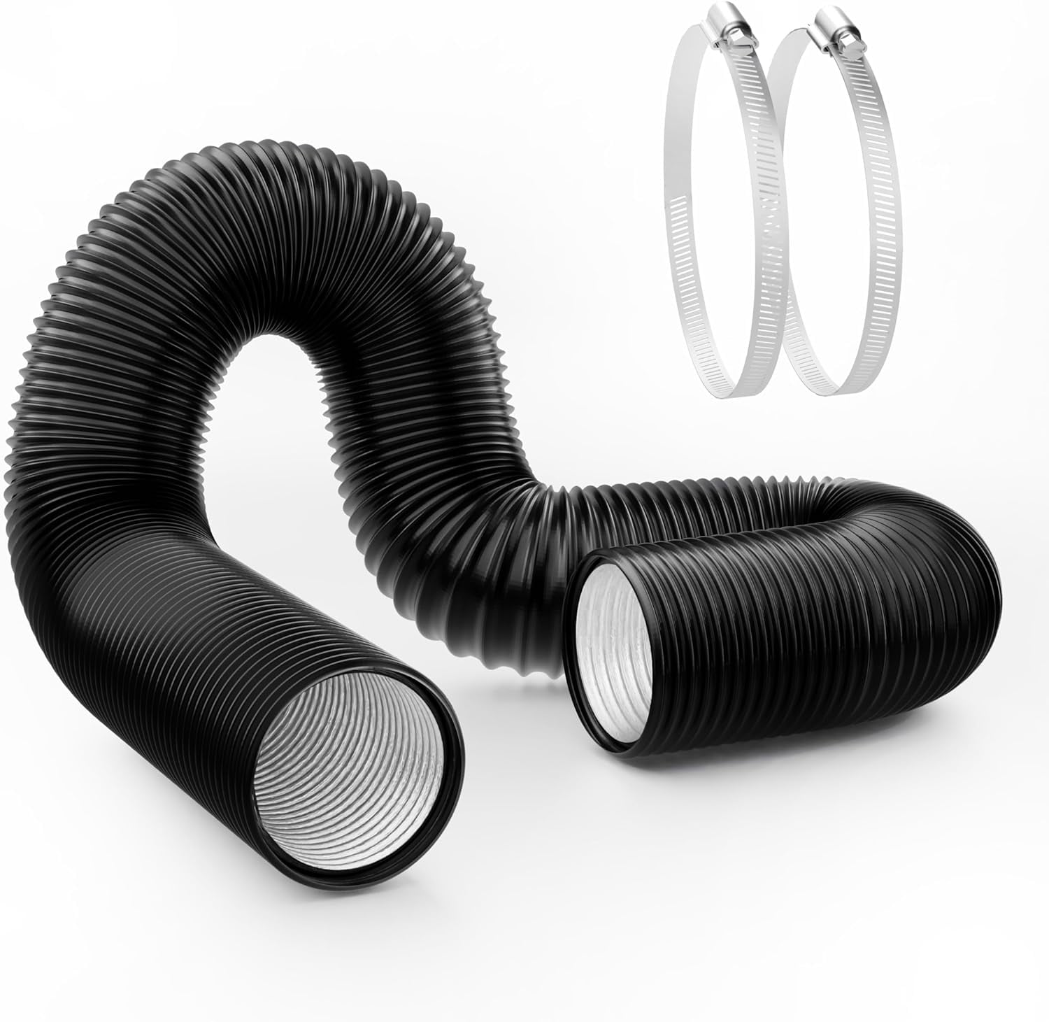 MKEUDQ-6 Inch 8 Feet PVC Flexible Air Aluminum Ducting, Long Vent Hose includes 2 Clamps for HVAC Ventilation and Exhaust, Black