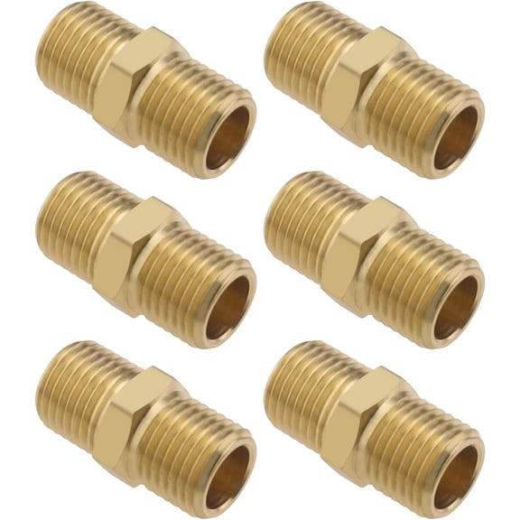 MKEUDQ-6PCS Brass Pipe Fitting BSP 1/4 Inch Male Thread to 1/4 Inch Male Thread Straight Hex Nipple Fast Coupler Adapter Connector for Air/Water/Oil/Fuel Pipe