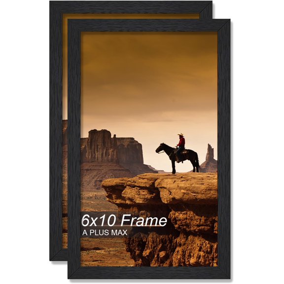 MKEUDQ-6x10 Picture Frame Set of 2, Black Engineered Wood Frame for 6 x 10 Inch Picture Poster Photo, Light Weight 6 by 10 Frame with Wood-grain for Wall - 2 Pack/Black/6"x10"