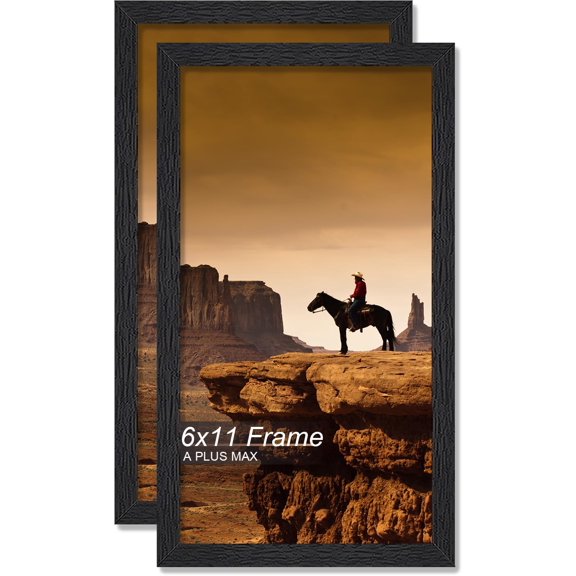 MKEUDQ-6x11 Picture Frame Set of 2, Black Engineered Wood Frame for 6 x 11 Inch Picture Poster Photo, Light Weight 6 by 11 Frame with Wood-grain for Wall - 2 Pack/Black/6"x11"