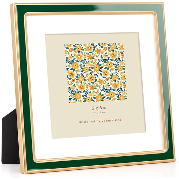 MKEUDQ-6x6 Enamel Picture Frame with Mat Display 4x4 Photo, Gold Metal Edge with Easel, Real Glass Photo Frame for Wall and Tabletop Display Family Office Photo Gallery, Green Enamel/1pc