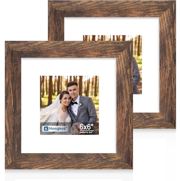 MKEUDQ-6x6 Picture Frame Set of 2, Made of Real Glass and Rustic Brown Wooden Frame - Display Square 4x4 with Mat or 6x6 Without Mat, 6 by 6 Photo for Wall or Tabletop