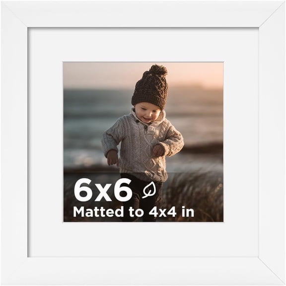 MKEUDQ-6x6 Picture Frame White Set of 1, Wooden Square Photo Frame Matted 4x4 with Plexiglass for 4x4 with Mat or 6x6 without Mat for Table and Wall Display