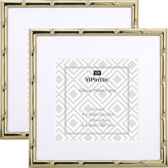 MKEUDQ-6x6'' Sqaure Gold Metal Picture Frame With Mat for 4x4'' Set of 2, Bamboo Detail Designs Gold Plated Photo Frames 4x4'' With Soft Velvet Backing for Desktop and Wall Dcor