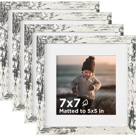 MKEUDQ-7x7 Picture Frame Rustic White Set of 4, Wooden Square Photo Frames Matted 5x5 with Plexiglass for 5x5 with Mat or 7x7 without Mat for Table and Wall Display