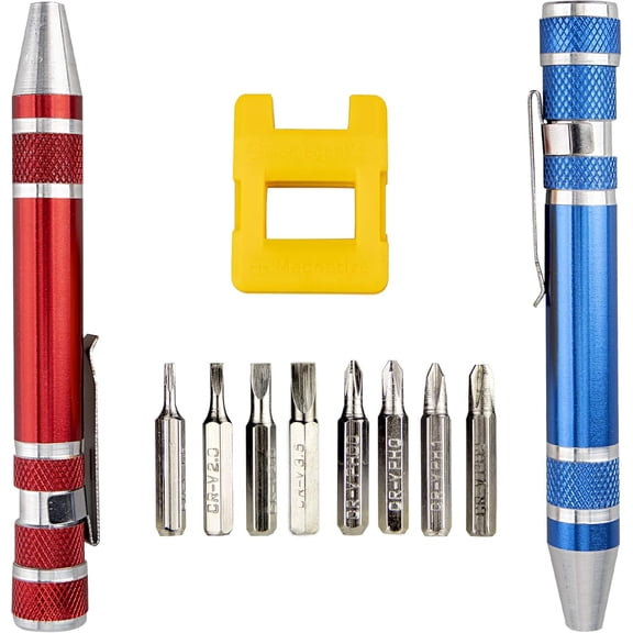 MKEUDQ-8 in 1 Mini Screwdriver Set Small Screwdrivers Pen Magnetic Repair Tools EDC Compact Precision Gadgets for Computer Eyeglasses Daily Home Improvement Use (Blue&Red+ Magnetizer Tool)