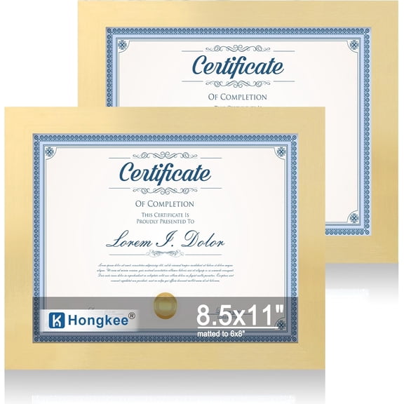 MKEUDQ-8.5 by 11 Diploma Picture Frame Set of 2, Made of Real Glass and Gold Certificate Frame, for Wall or Tabletop - Display Picture 6x8 with Mat or 8.5x11 Without Mat