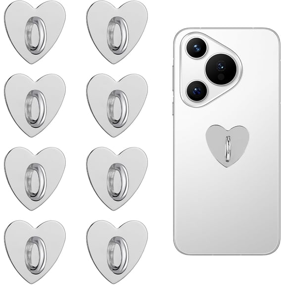 MKEUDQ-8 Pcs Heart Phone Charm Hook Cute Cell Phone Finger Ring Adhesive Smartphone Finger Ring Grip Sticky Metal Loop Stand for Cellphone Case Pad Tablet DIY Accessories (Silver) 0.95 0.98 0.47
