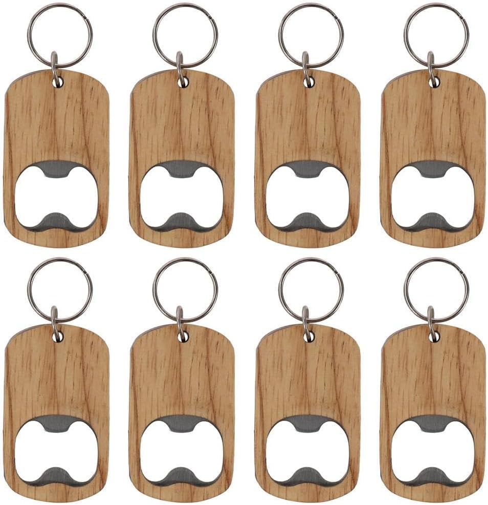 MKEUDQ-8Pcs Wooden Keychain Bottle Opener Blanks Wood Engraving Key Chain Unfinished Key Tag for DIY Craft Party Supplies