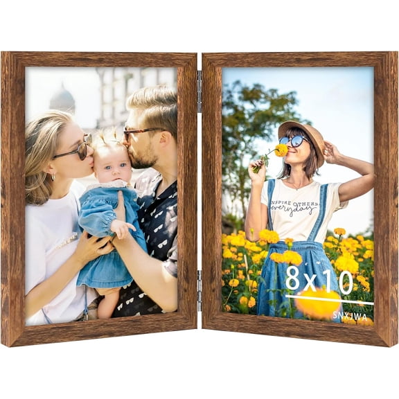 MKEUDQ-8x10 Picture Frames Double Brown Photo Frame Folding Vertical Stand Display Side by Side