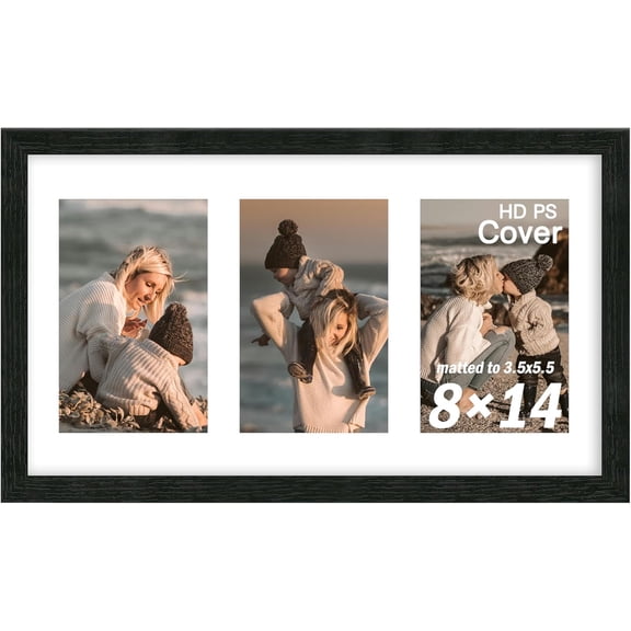 MKEUDQ-8x14 Collage Picture Frame, Displays 3 Photos in 4x6 Size, Wooden Multi-Opening Frame with PS Front for Wall & Tabletop Display - Black