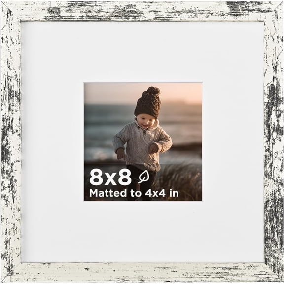 MKEUDQ-8x8 Picture Frame Rustic White Set of 1, Wooden Square Photo Frame Matted 4x4 with Plexiglass for 4x4 with Mat or 8x8 without Mat for Table and Wall Display