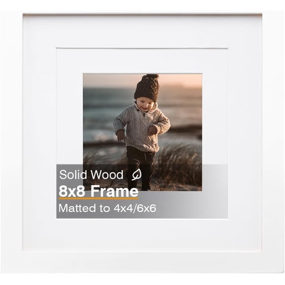 MKEUDQ-8x8 Picture Frame, White Square Solid Wood Frame for Pictures 4x4 and 6x6 with Mat or 8x8 without Mat, Wall and Tabletop Display Photo Frame White Photo Frame 1 Pack