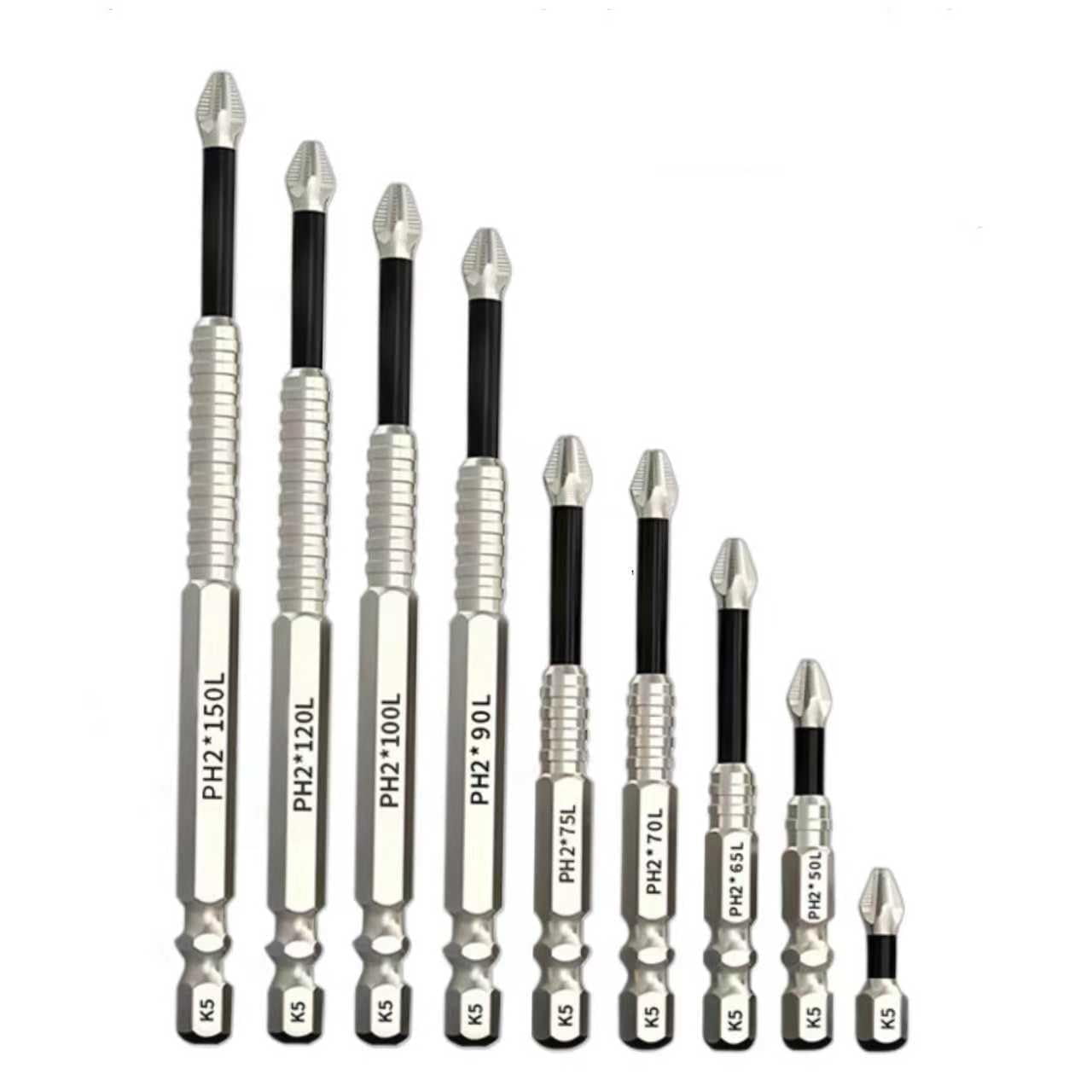 MKEUDQ-9-Pack Phillips BitsSet High Magnetic Cross Head Drill Bit, Professional Long Phillips Head Drill & Screwdriver Bit (1-6-Inch), K5 Alloy Steel, Anti-Slip, 1/4" Hex Shank, Ph2 for Impact Driver