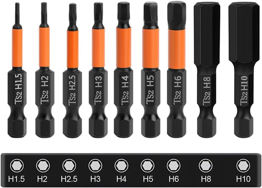 MKEUDQ-9Pcs Hex Head Allen Wrench Drill Bit Set with Magnetic Tips, 1/4'' Hex Shank Impact Hex Bits Set H1.5-H10 Metric S2 Steel Screwdriver Bits, 2 Inch Length