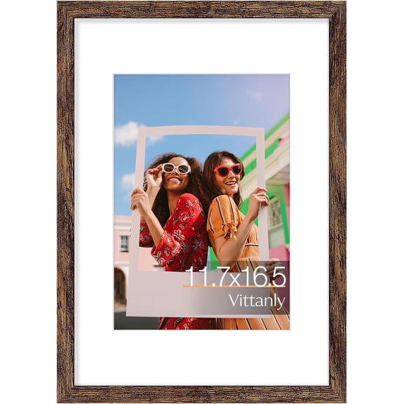 MKEUDQ-A3 Picture Frame, Engineered Wood with Shatter Resistant Plexiglass, Display Pictures 8.3x11.7 with Mat or 11.7x16.5 without Mat, Poster Frame for Wall Display, Rustic Brown, 1 Pack
